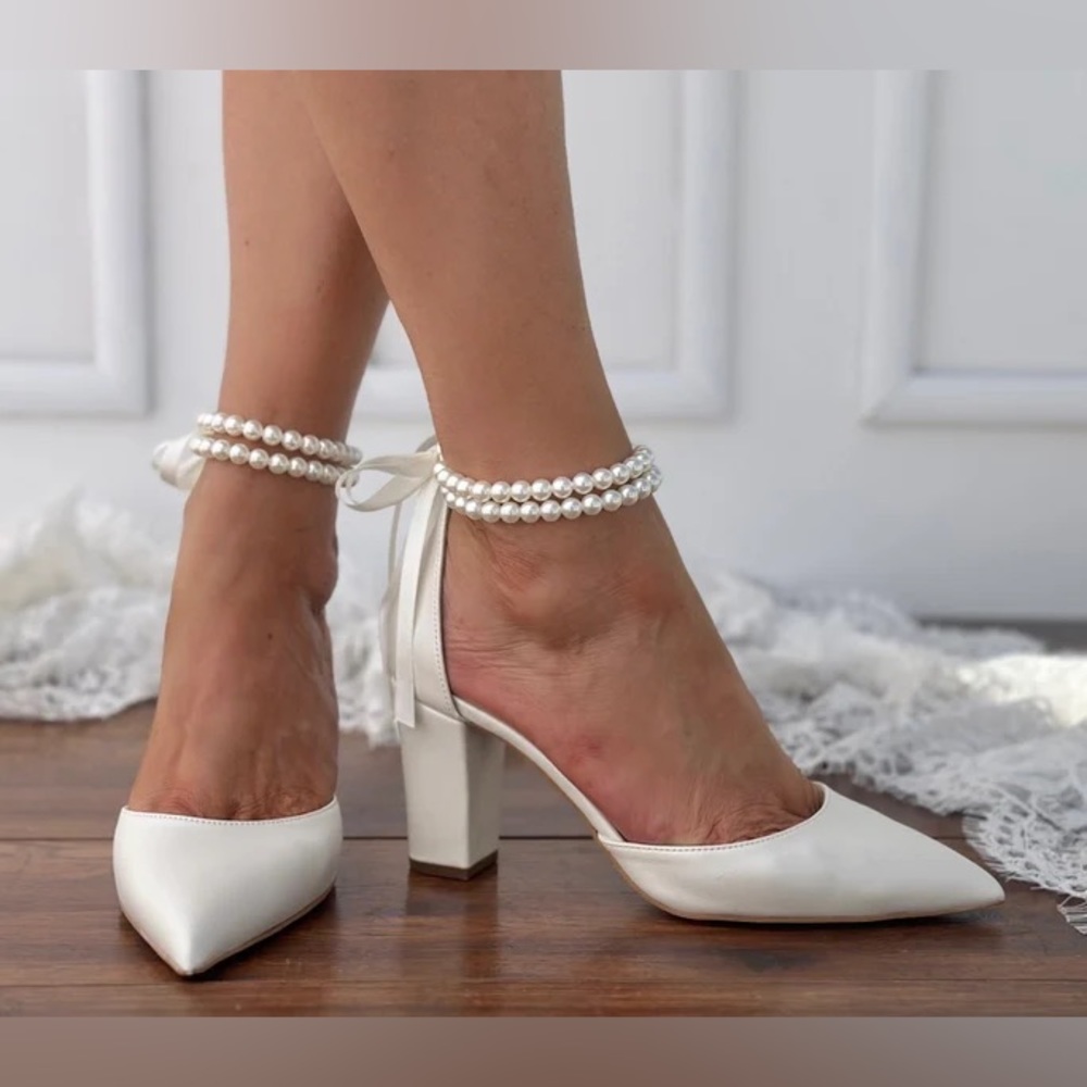 Wedding shoes (never worn) white with pearl strap; hand-made